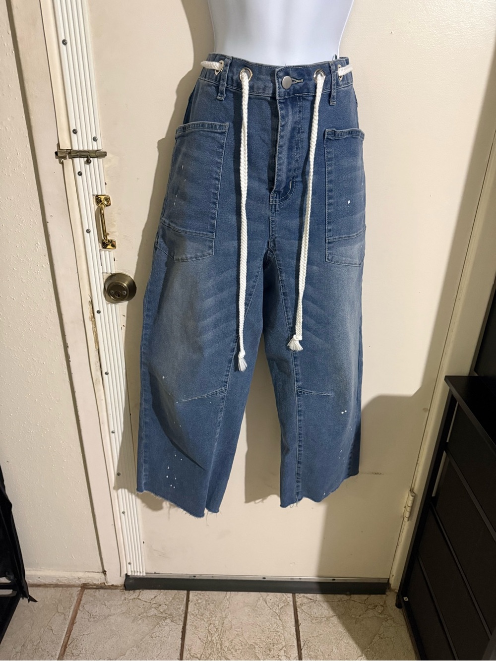 Relaxed Wide-Leg Women's Jeans with Drawstring Waist - Blue
